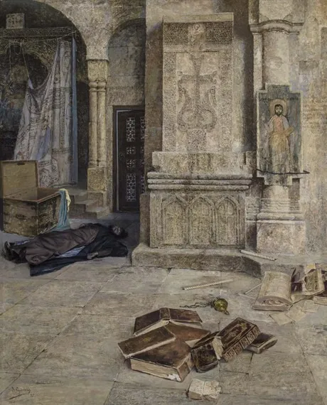Desecrated Shrine, by Vardges Sureniants, oil, 1898