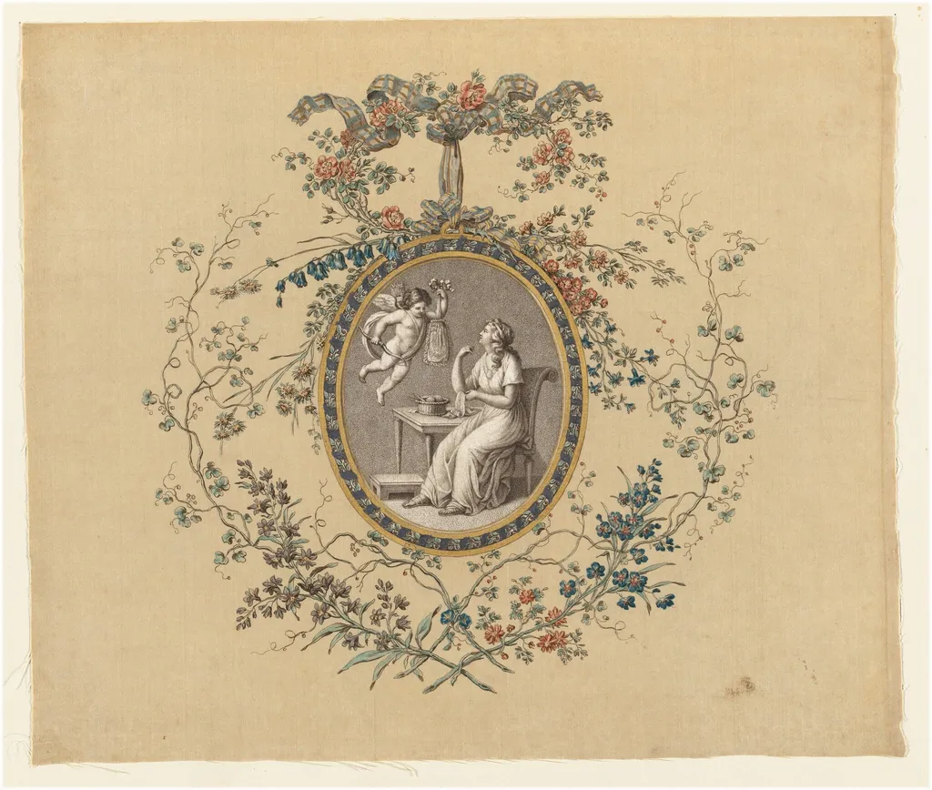 Seated Woman Embroidering, by Various Artists, ink, 1784