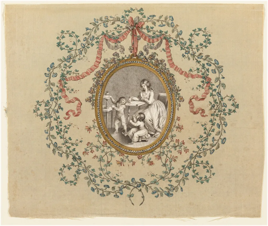 Seated Woman Sketching a Design for Embroidery and Children Winding Yarn, by Various Artists, ink, 1784