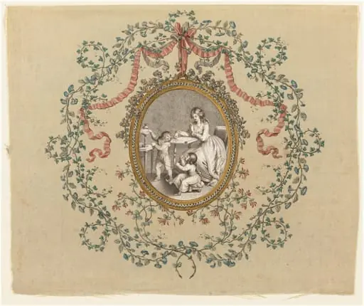 Seated Woman Sketching a Design for Embroidery and Children Winding Yarn, by Various Artists