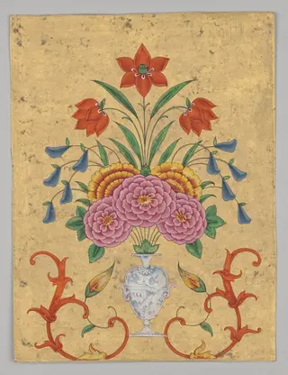 Vase with flower arrangement and scrollwork