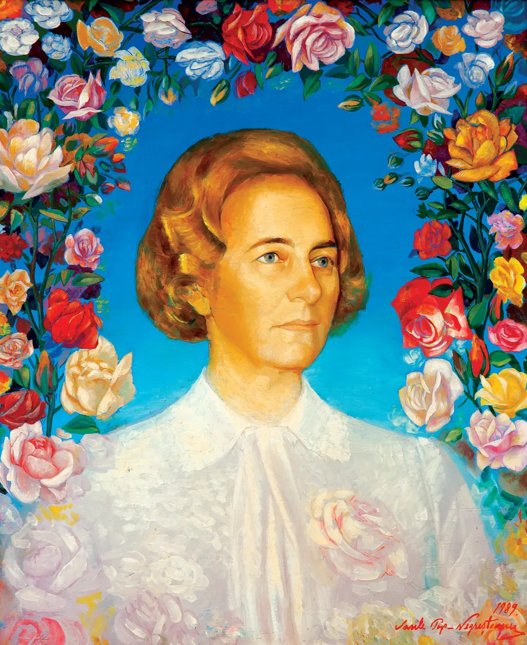 Tablou ”Omagiu” reprezentând-o pe Elena Ceaușescu. În dreapta jos, semnătura artistului și anul - ”Vasile Pop Negreșteanu, 1989”. Tablou comandat și oferit Elenei Ceaușescu de către Uniunea Asociațiilor Studenților Comuniști din România., by Vasile Pop Negreșteanu