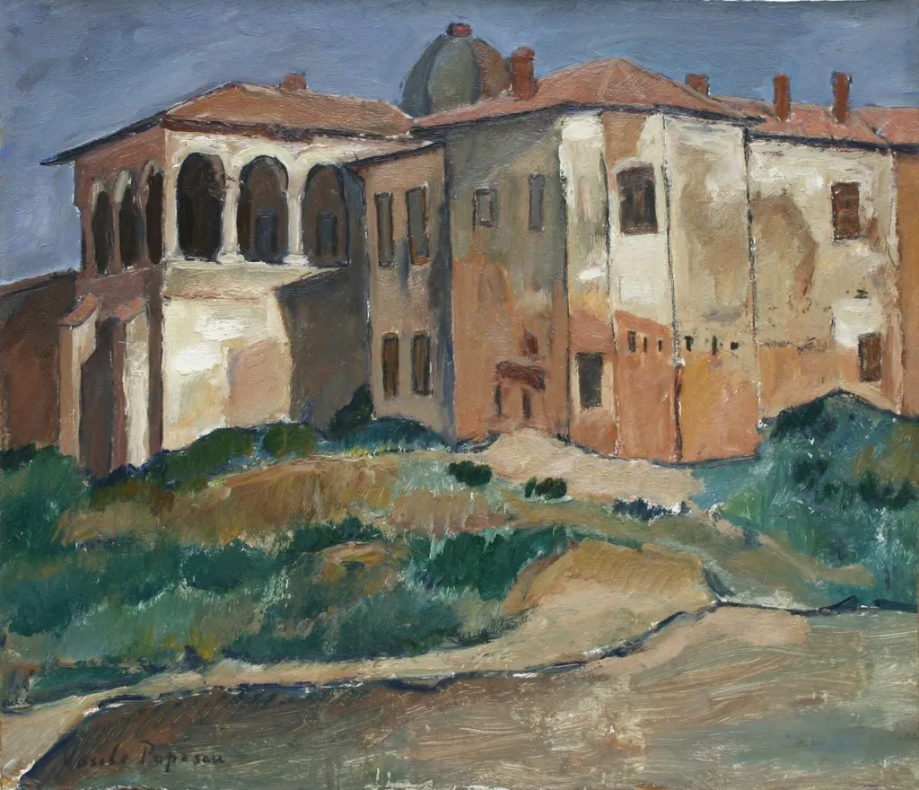 Peisaj cu case, by Vasile Popescu, unspecified, 1949