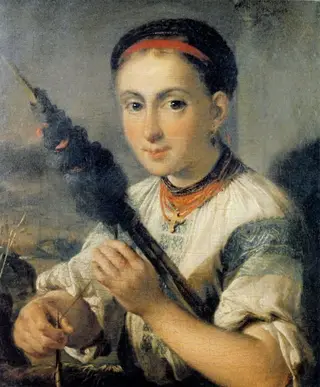 Девушка с прялкой. Этюд, by Vasily Andreevich Tropinin, 1820