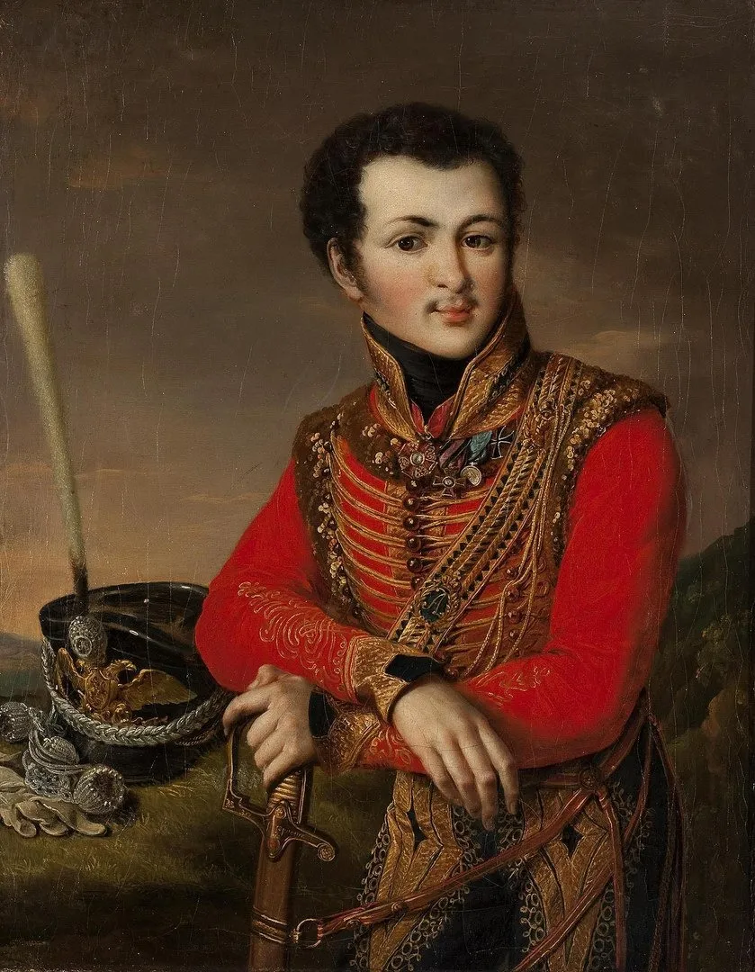 Portrait of Artemy Lazarev (1791-1813), the Poruchik of the Life Guards Hussars Regiment, by Vasily Andreevich Tropinin, oil, 1819
