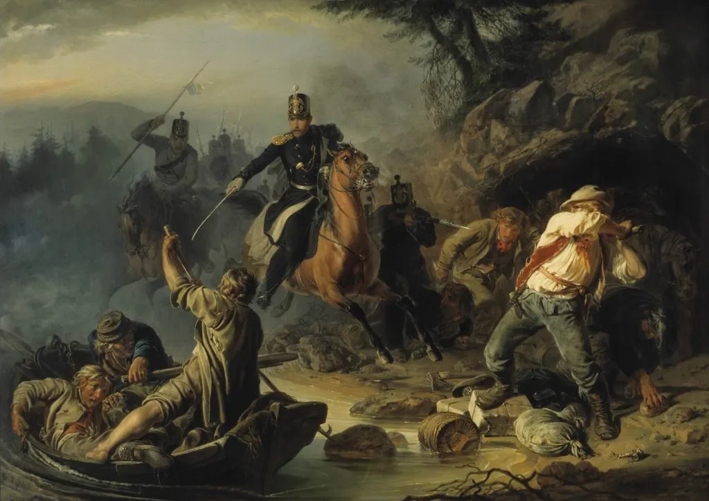 Skirmish with finnish smugglers, by Vasily Khudiakov, oil, 1853