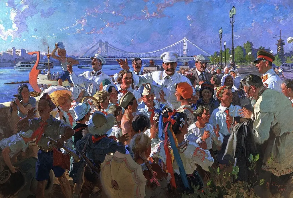 J. Stalin and members of the Politburo of the Central Committee of the Communist Party of the USSR among children in Gorky Park, by Vasily Svarog, 1939