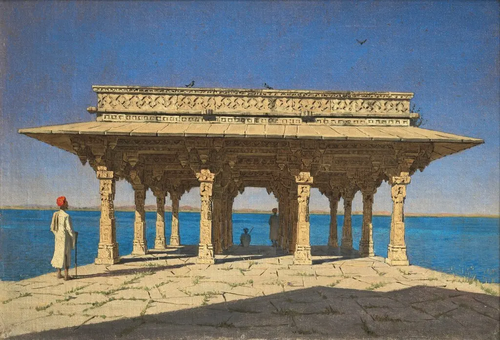 Evening on a Lake. A Pavilion on the Marble Embankment in Rajnagar (Udaipur principality), by Vasily Vereshchagin