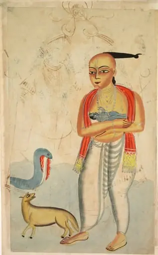 Vasudeva (Krishna's Father) Fleeing with Krishna Encounters a Cobra and a Jackal (verso), from a Kalighat album