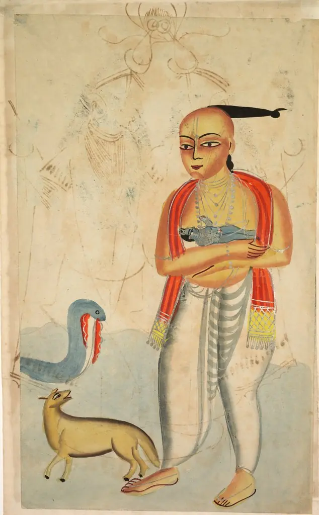 Vasudeva (Krishna's Father) Fleeing with Krishna Encounters a Cobra and a Jackal (verso), from a Kalighat album