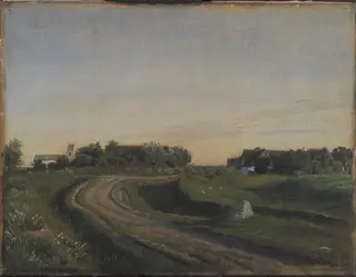 Vejby with the Church seen from the North. Evening Light. Zealand, by P. C. Skovgaard
