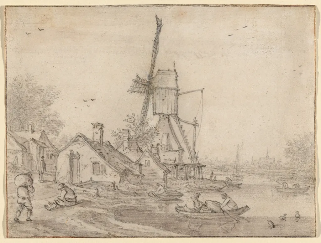 A Windmill and Cottages on a River Bank, Men in Rowing Boats, by Velde, Esaias van de, I, chalk, 1615