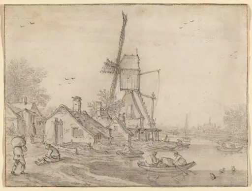 A Windmill and Cottages on a River Bank, Men in Rowing Boats, by Velde, Esaias van de, I