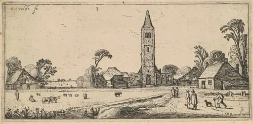 Landscape with a Meadow and a Village Church, by Velde, Esaias van de, I