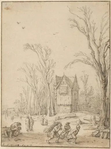 Villagers Skating on a Frozen Pond, by Velde, Esaias van de, I