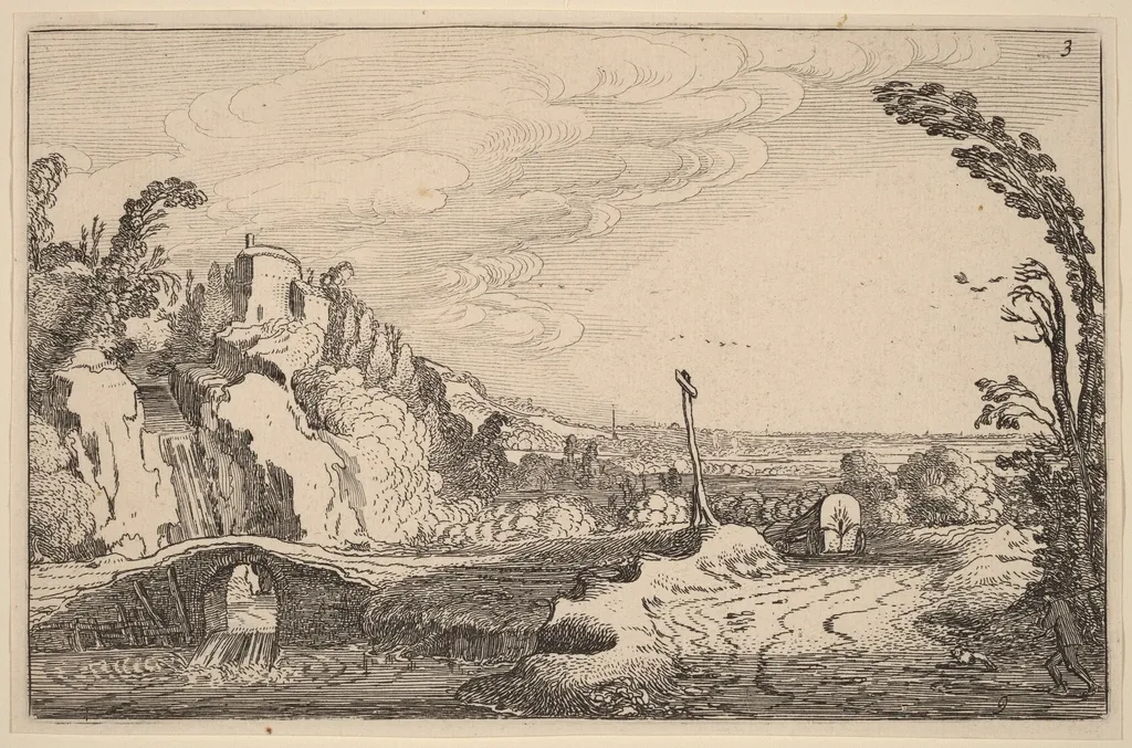 Cascade under a Stone Bridge, by Velde, Jan van de, II, ink, 1616