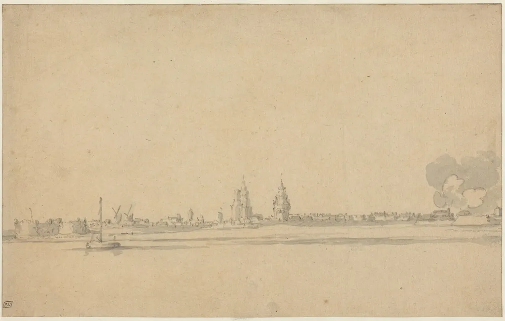View of a Dutch Town (Delft?), by Velde, Willem van de, the Younger, graphite, 1670