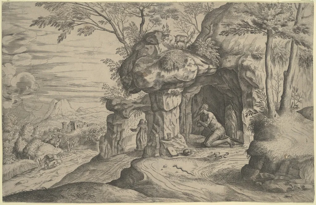 Landscape with Penitent Saints, by Veronese 16th Century, ink, 1550
