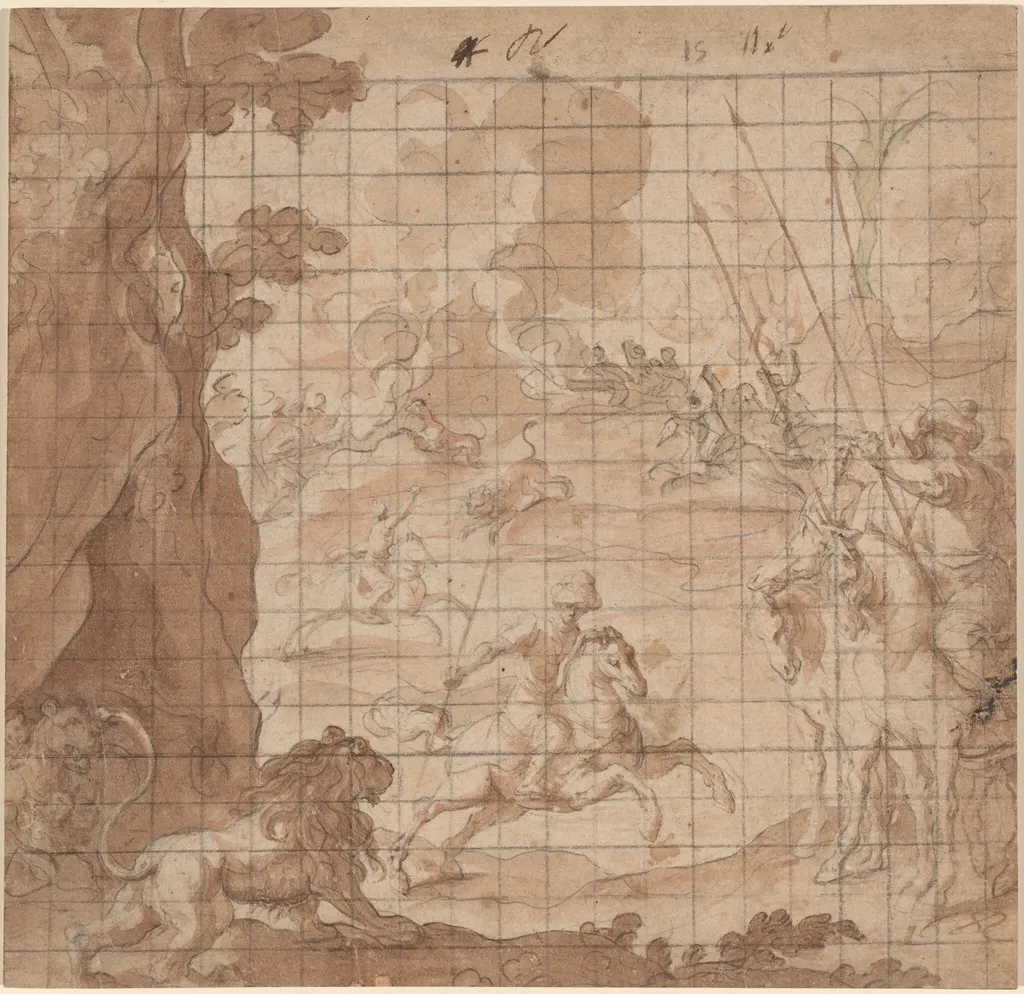 The Lion Hunt, by Vicencio Carducho, chalk, 1608