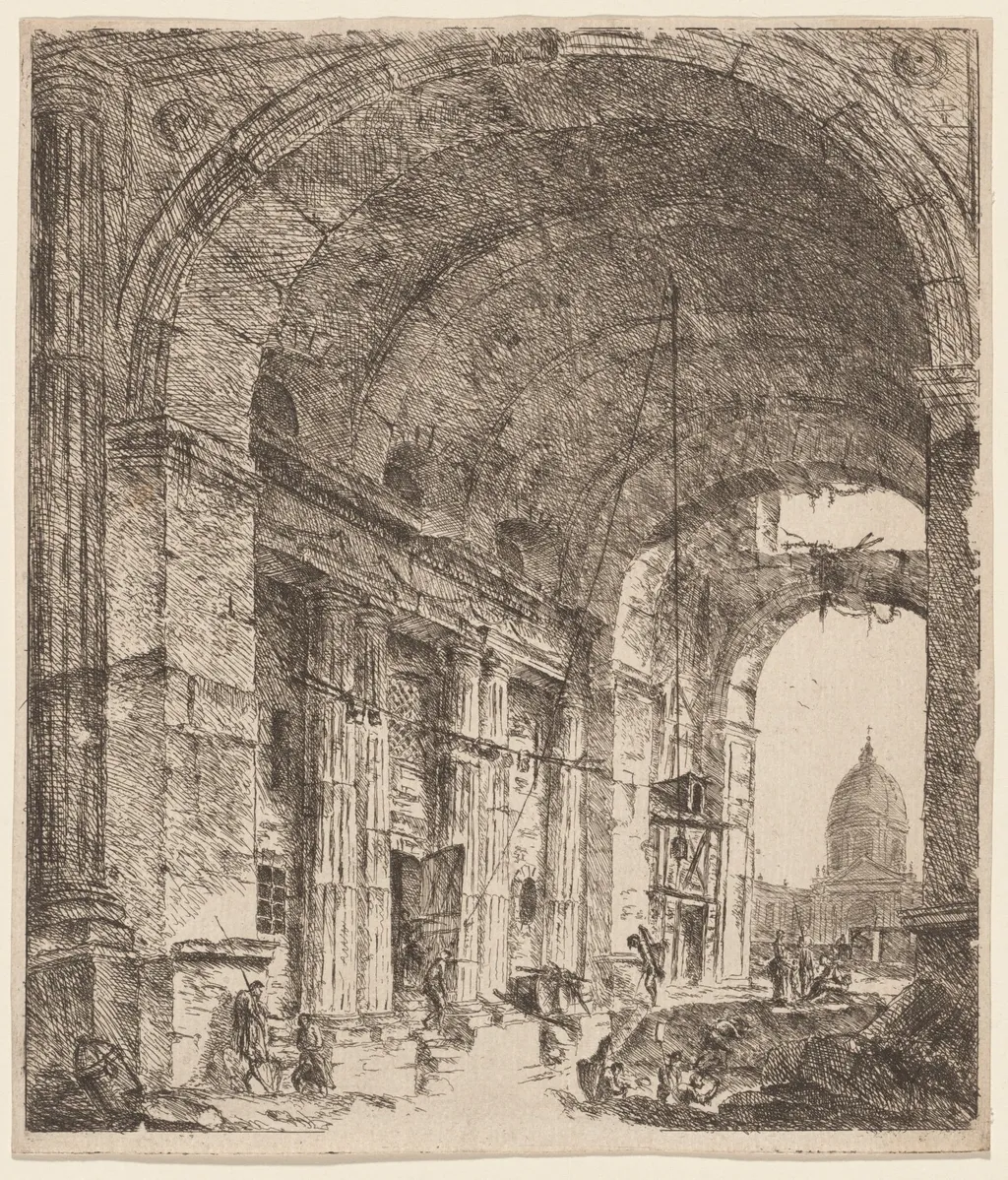 A Ruined Vault with a Vista of Saint Peter’s, by Victor Louis, ink, 1701