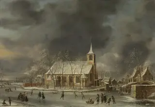 View of the church of Sloten in the winter, by Jan Abrahamsz Beerstraaten