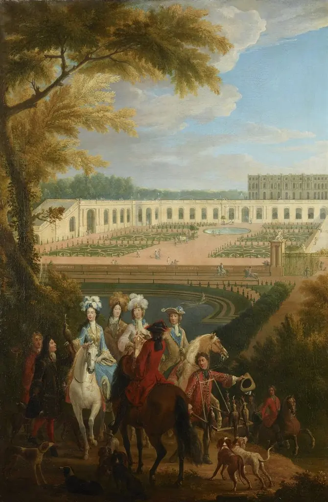 View of the departure of the Duchess of Burgundy for the hunt in front of the Orangery of Versailles