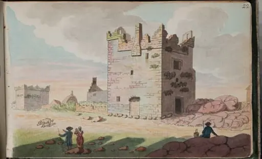 View of two more of Dalkey's castles, the old church and church yard [...]