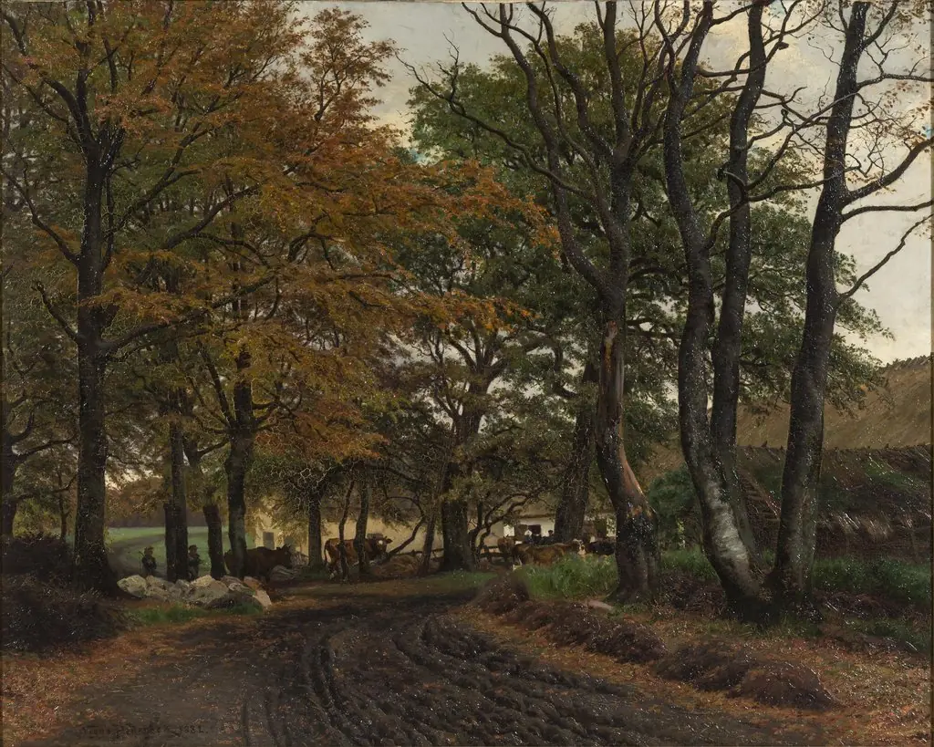 En opkørt vej under gamle træer, by Viggo Christian Frederik Vilhelm Pedersen