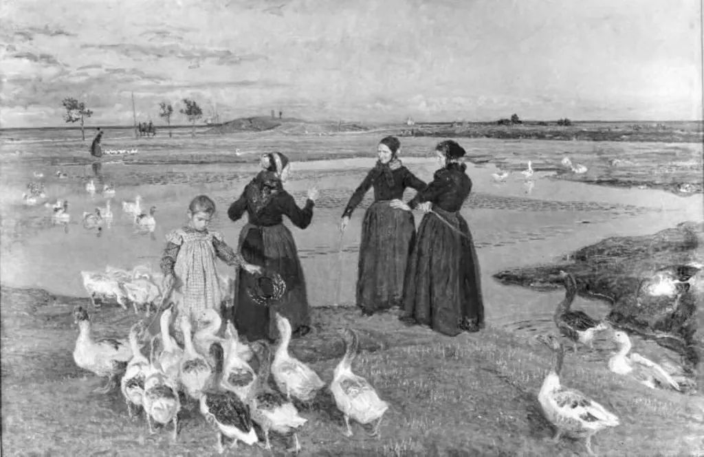 Før sol går ned. Dragør. Koner, en lille pige og gæs ved stranden, by Viggo Johansen, oil, 1892