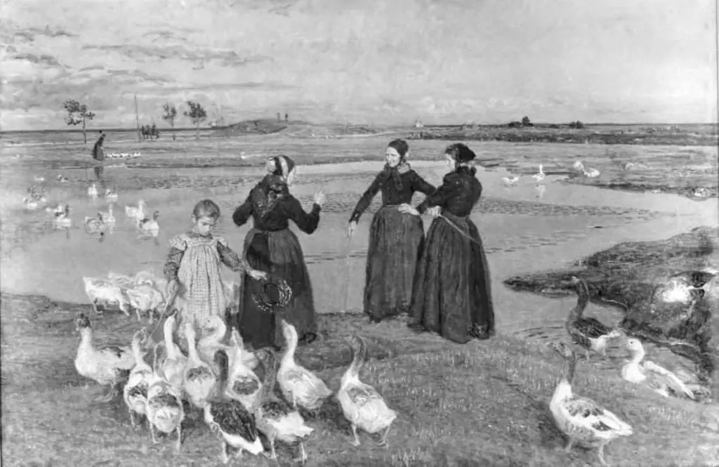 Før sol går ned. Dragør. Koner, en lille pige og gæs ved stranden, by Viggo Johansen