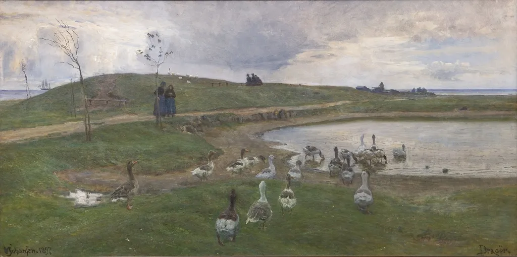Gæs ved en sø. Mod uroligt vejr. Dragør, by Viggo Johansen, oil, 1899