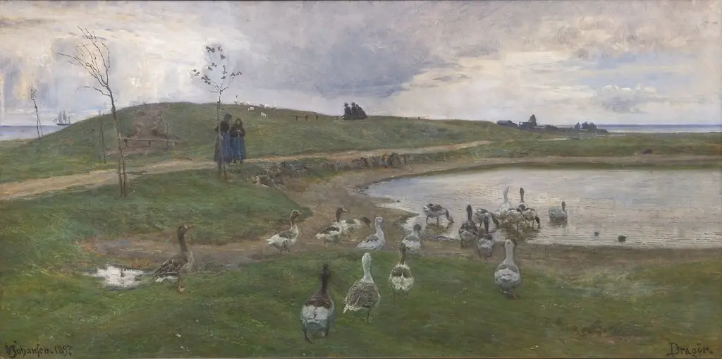 Gæs ved en sø. Mod uroligt vejr. Dragør, by Viggo Johansen