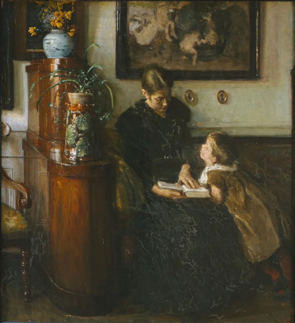 Moder skal læse. Kunstnerens hustru og barn, by Viggo Johansen, oil, 1897