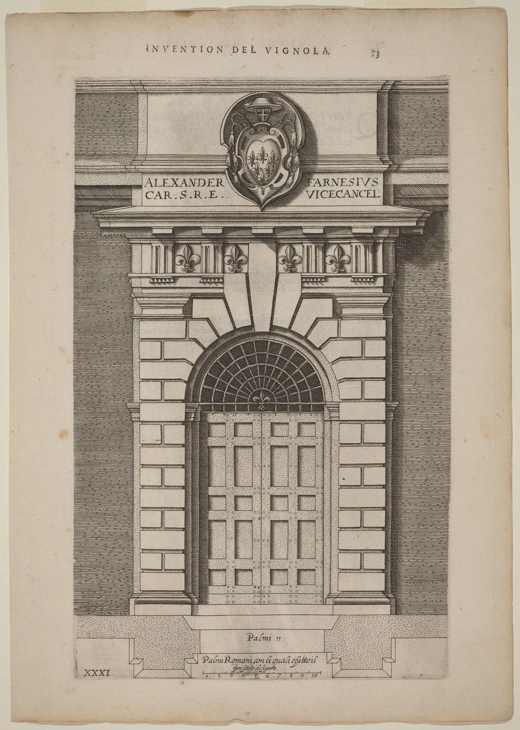 Doorway of Farnese Palace, by Vignola, ink, 1642