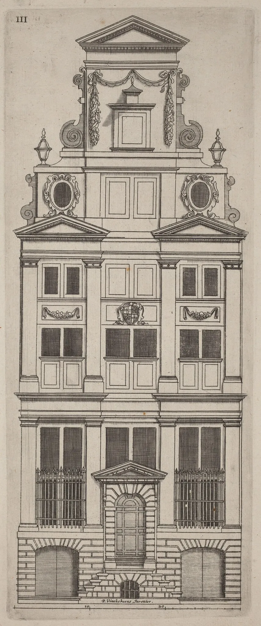 Dutch Facade Elevation: pl. 3, by Vignola, ink, 1642