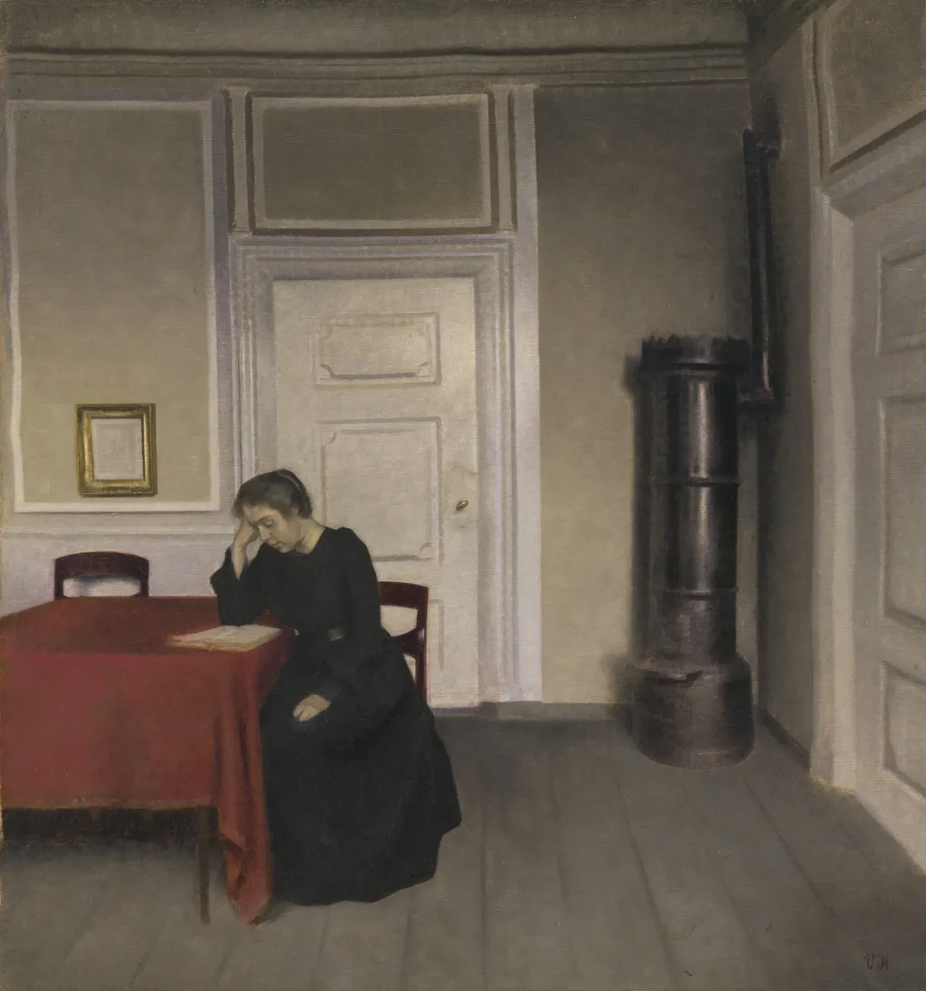 A Room in the Artist’s Home in Strandgade, Copenhagen, with the Artist’s Wife, by Vilhelm Hammershøi, oil, 1902