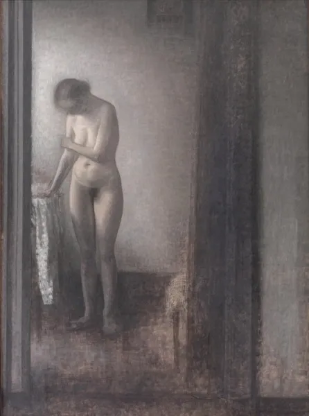 Standing Female Nude, by Vilhelm Hammershøi, oil, 1909
