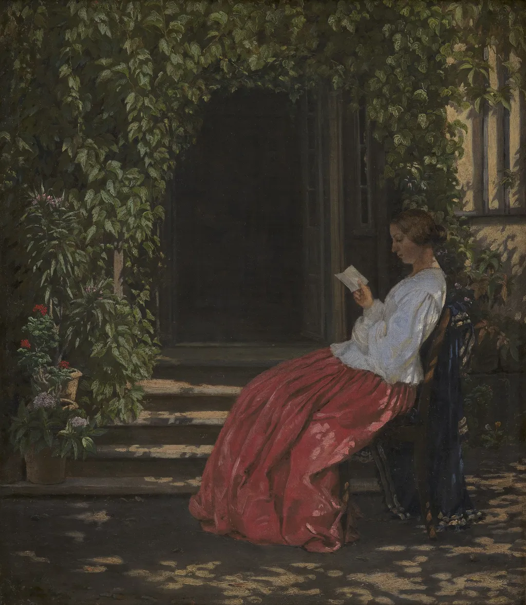 Læsende dame uden for en havedør, by Vilhelm Kyhn, oil, 1868