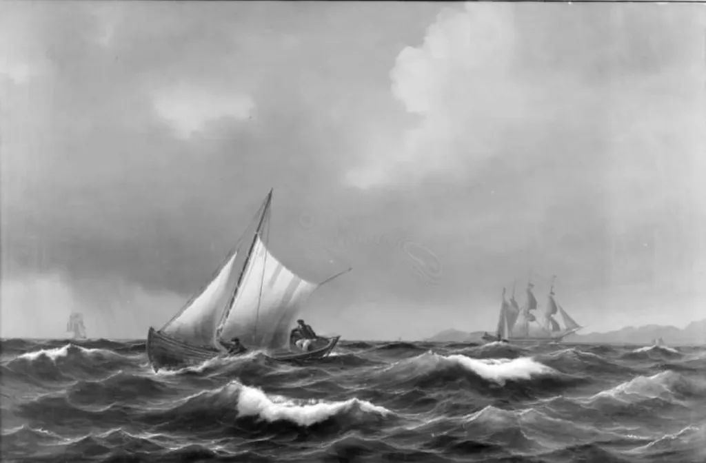 En dansk lodsbåd i uroligt vejr. I baggrunden Kullen, by Vilhelm Melbye, oil, 1847