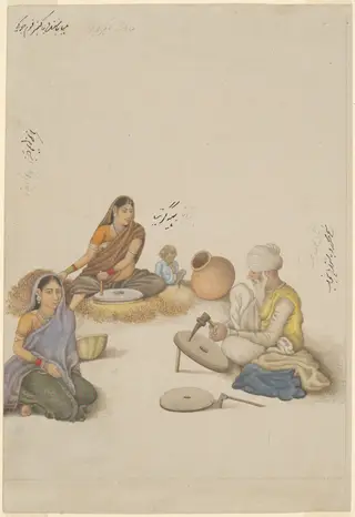 Villagers Grinding Corn, page from the Fraser Album, 1820