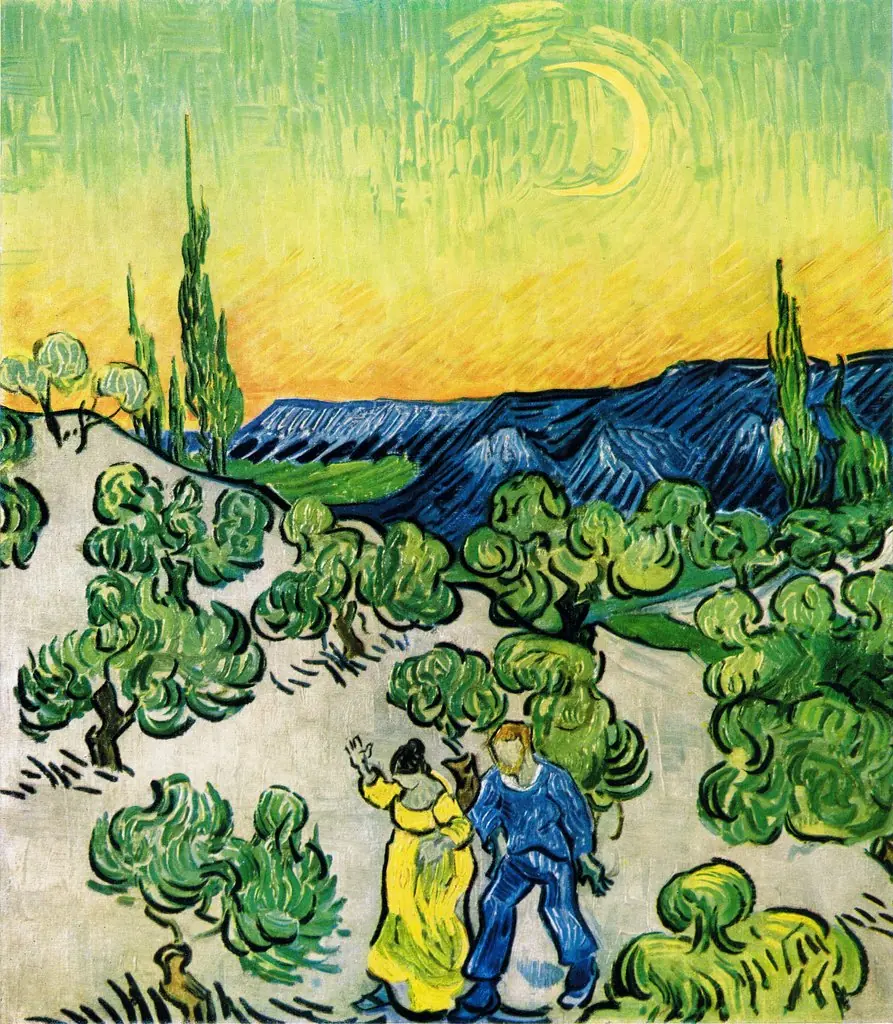 Landscape with Couple Walking and Crescent Moon, by Vincent van Gogh