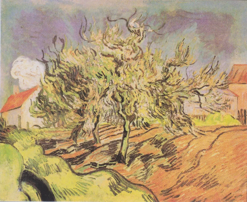Landscape with three trees and houses, by Vincent van Gogh, oil, 1890