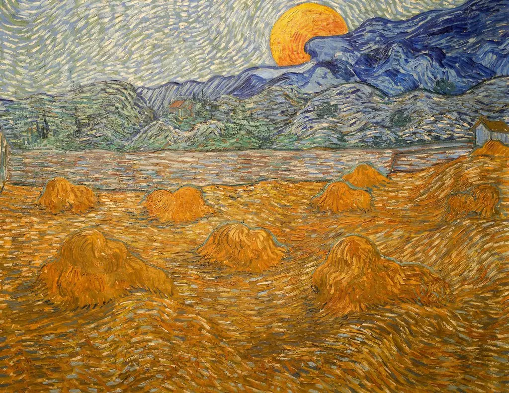 Landscape with wheat sheaves and rising moon, by Vincent van Gogh