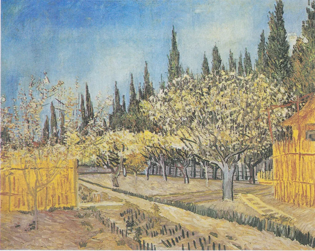 Orchard in Blossom, Bordered by Cypresses, by Vincent van Gogh, oil, 1888