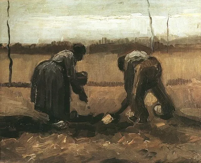 Peasant and Peasant Woman Planting Potatoes, by Vincent van Gogh, oil, 1885