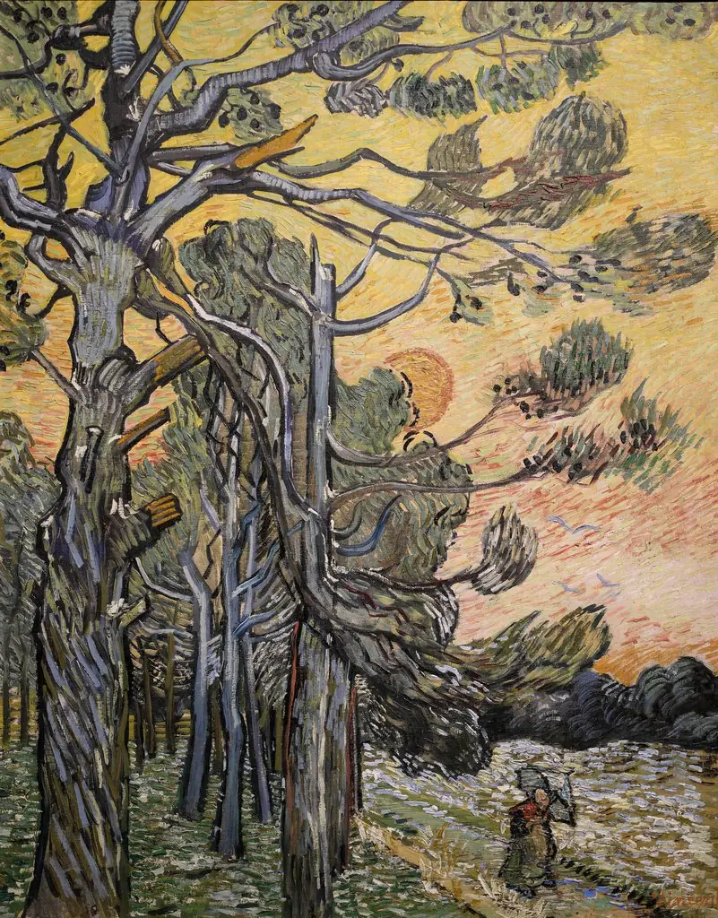 Pine Trees against a Red Sky with Setting Sun, by Vincent van Gogh