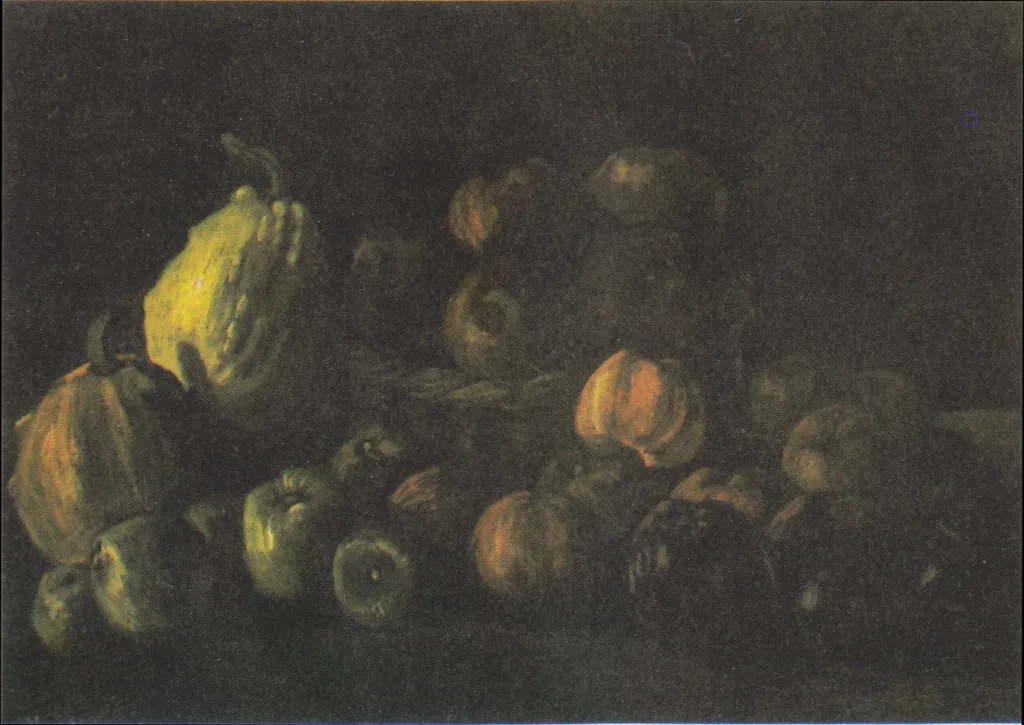 Still Life with a Basket of Apples and Two Pumpkins, by Vincent van Gogh, oil, 1893