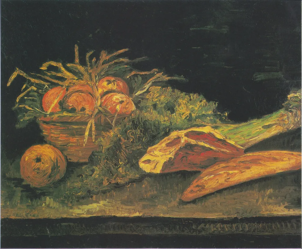 Still Life with Apple Basket, Meat and Bread Rolls, by Vincent van Gogh, oil