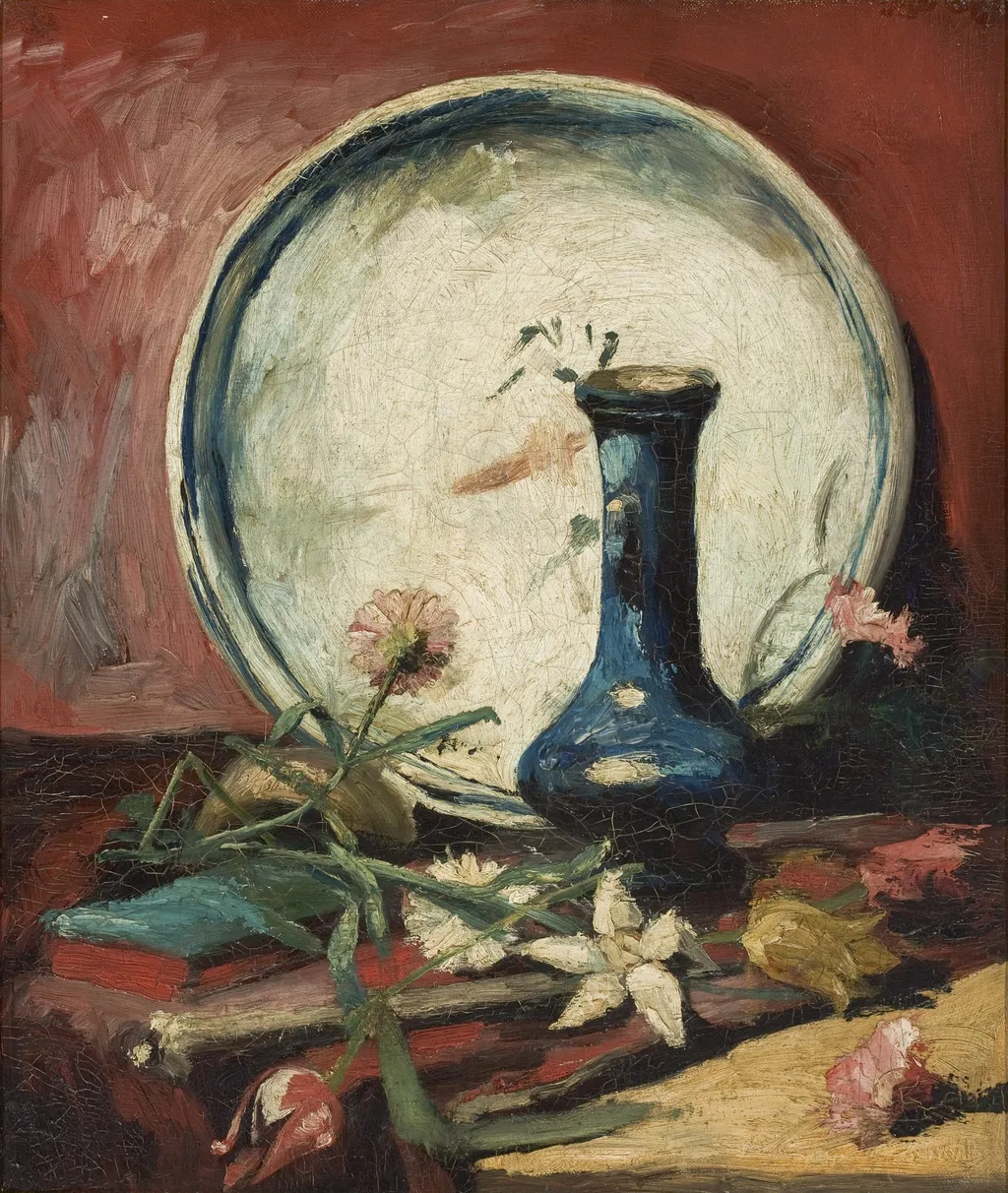 Still Life with Plate, Vase and Flowers, by Vincent van Gogh, oil