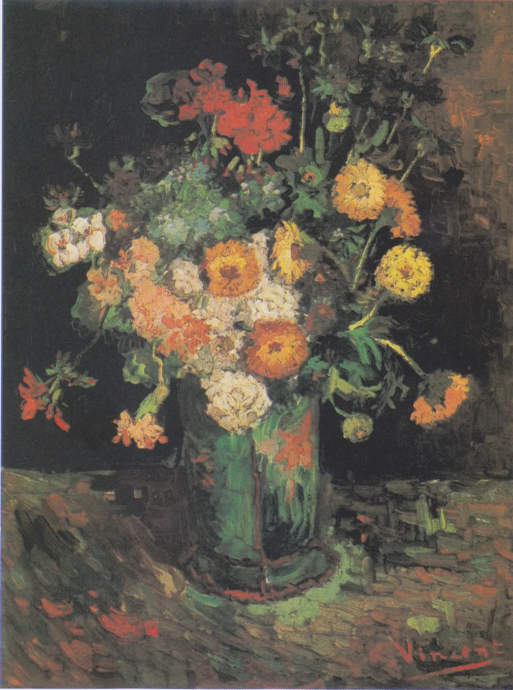 Vase with Zinnias and Geraniums, by Vincent van Gogh, oil